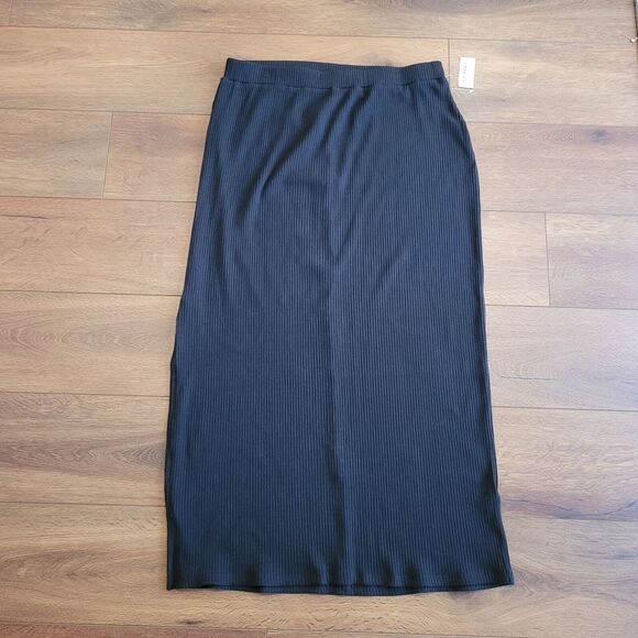 Old Navy Rib Knit Midi Skirt Large Black Fitted Pencil Side Slit Pull On NEW TAG - Picture 4 of 14